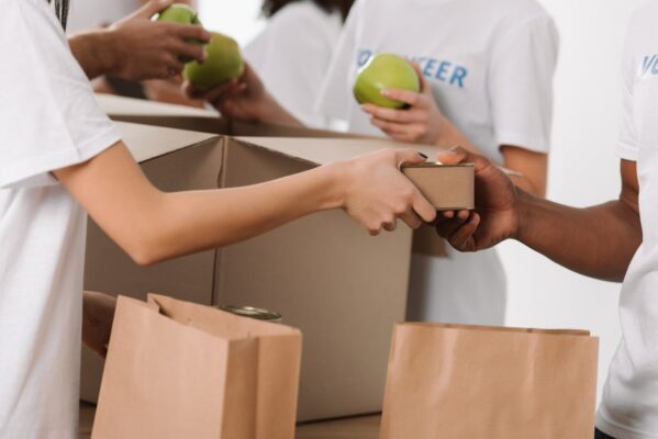 cropped shot of group of volunteers packing food into paper bags and boxes for charity